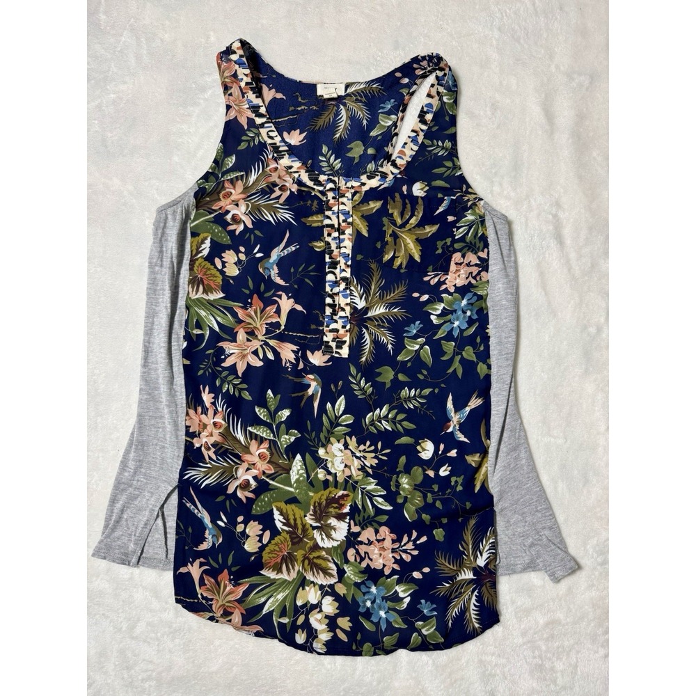Tiny Anthropologie Zuma Navy Blue Gray Bird Floral Print Tank Top Blouse Size XS